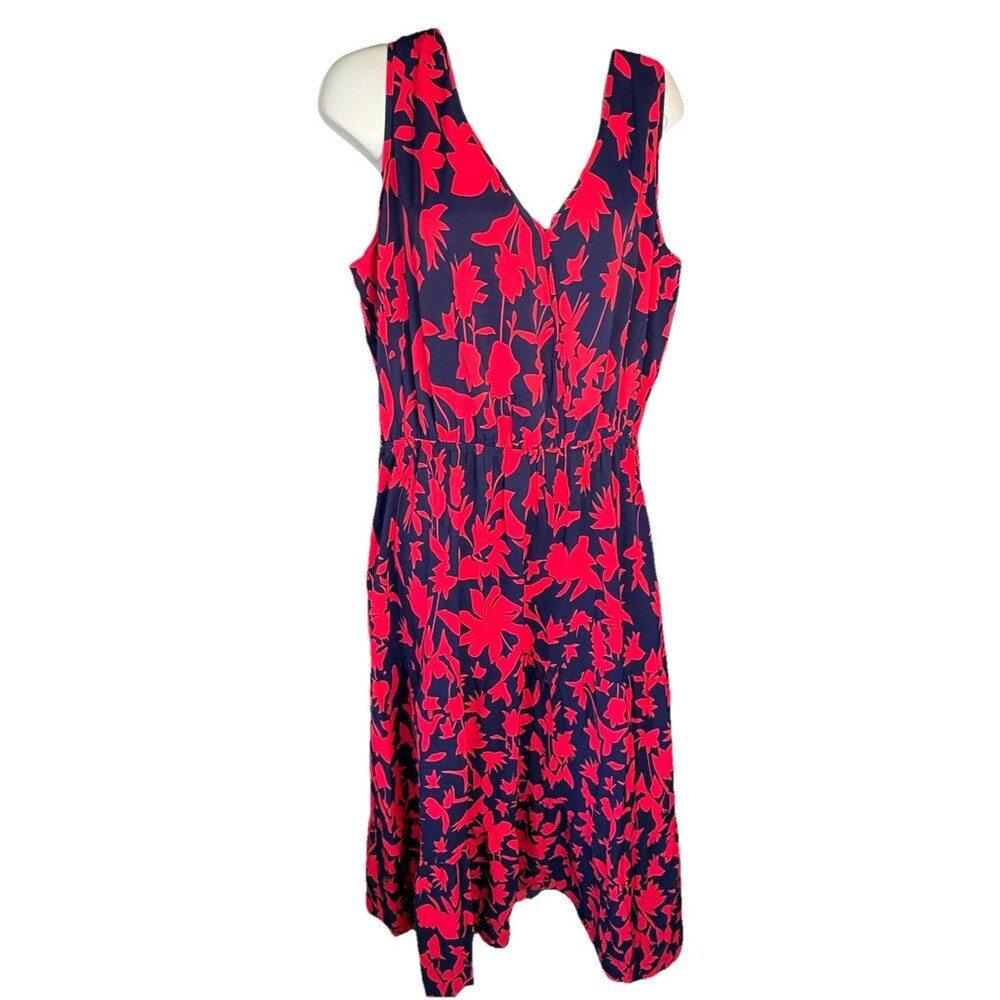 Floral Maxi Dress Size XL Navy Pink V-Neck Elastic Waist Summer Long Dress - Picture 2 of 7